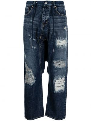 Roztrhané džínsy s rovným strihom Fumito Ganryu modrá