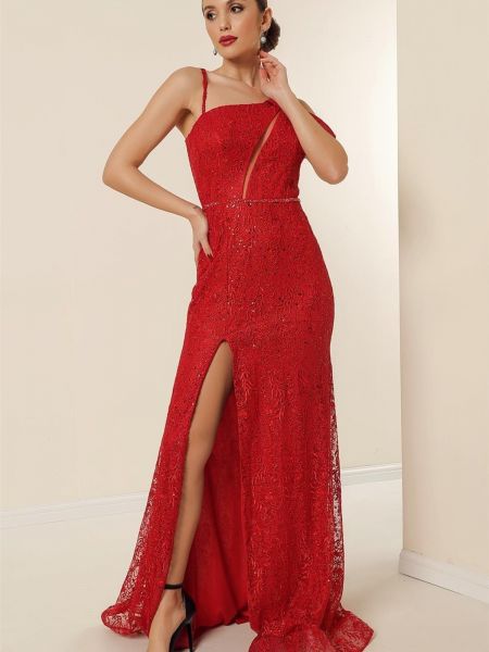 Dlouhé šaty s výšivkou s flitry s korálky By Saygı červené