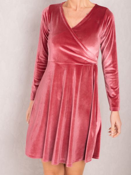 Žametna dolga obleka iz rebrastega žameta z dolgimi rokavi Armonika roza