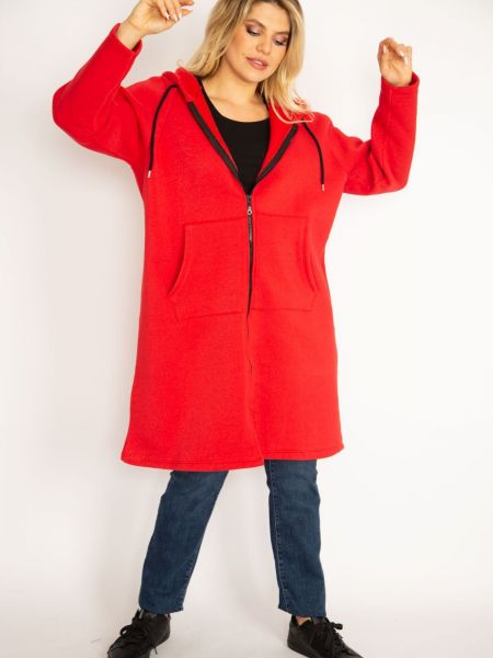 Palton din fleece cu glugă cu buzunare şans roșu