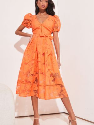 Кружевное платье миди с v-образным вырезом с коротким рукавом Lipsy оранжевое