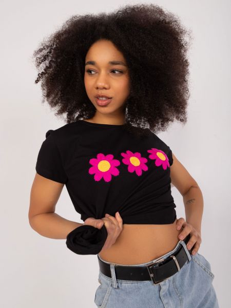Kvetinové tričko s výšivkou Fashionhunters čierna