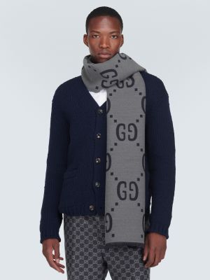 Жаккардовый шелковый шерстяной шарф Gucci серый