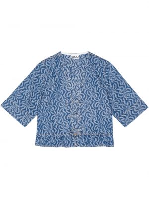 Жакардова памучна блуза Ganni синьо