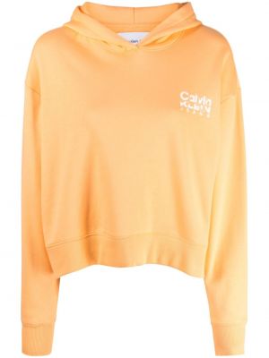 Bombažna jopa s kapuco s potiskom Calvin Klein oranžna