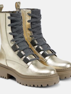 Čipkované kožené šnurovacie členkové topánky Brunello Cucinelli zlatá
