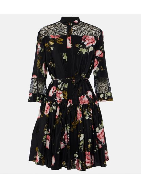 Мини-платье из шелкового крепдешина с цветочным принтом Erdem черный