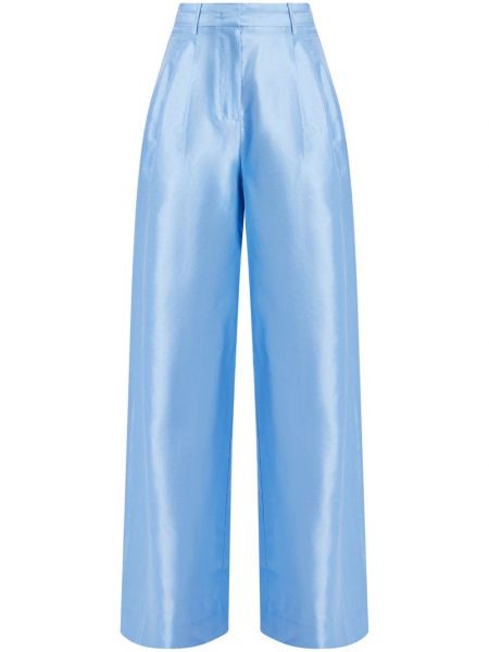 Pantaloni de mătase plisate Staud albastru