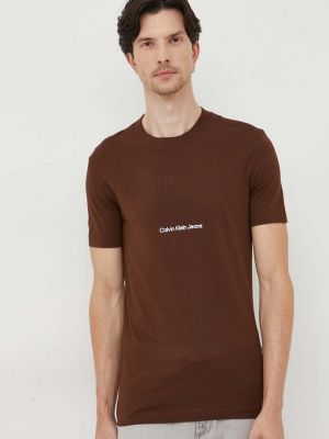 Тениска с дълъг ръкав с апликация Calvin Klein Jeans кафяво