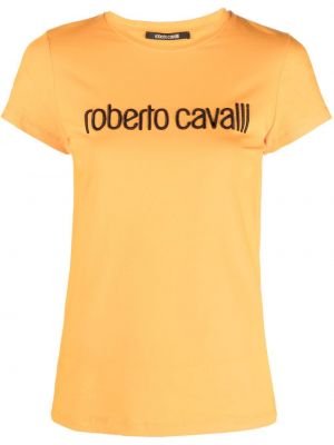 Haftowana koszulka z okrągłym dekoltem Roberto Cavalli pomarańczowa