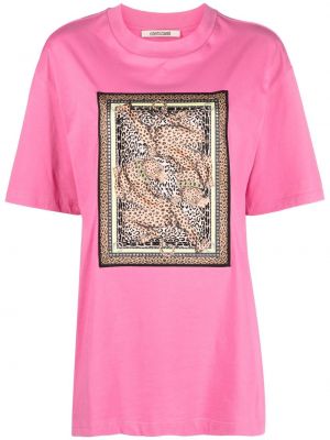 Памучна тениска с принт с леопардов принт Roberto Cavalli розово