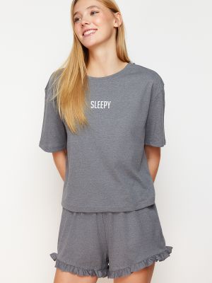 Pletené bavlněné pyžamo s potiskem Trendyol šedé