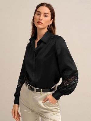 Черная кружевная шелковая блузка Lilysilk