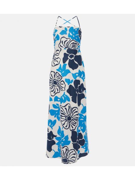 Květinové lněné dlouhé šaty Faithfull The Brand modré