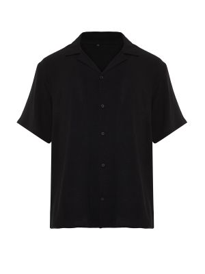 Lniana koszula z krótkim rękawem oversize Trendyol czarna