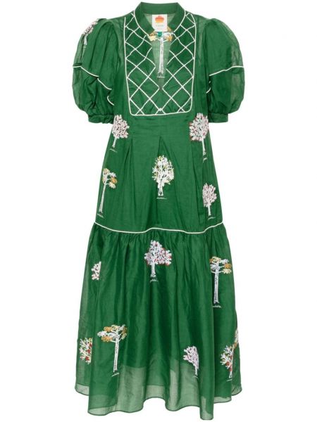 Pamučni ravna haljina s vezom Farm Rio zelena