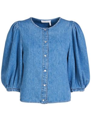 Camisa vaquera de lino de algodón con mangas globo Chloé azul