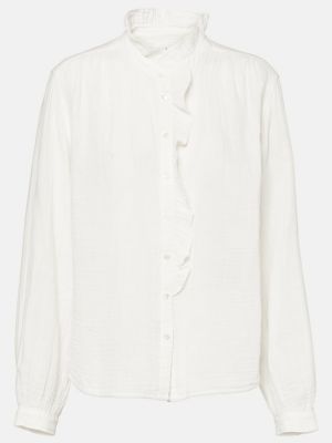 Памучна кадифена блуза с волани Velvet бежово