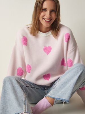 Oversized sveter so srdiečkami Happiness İstanbul ružová