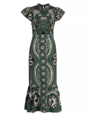 Длинное платье с геометрическим узором Sea зеленое