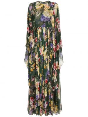 Svilena večernja haljina s cvjetnim printom s printom Dolce & Gabbana zelena