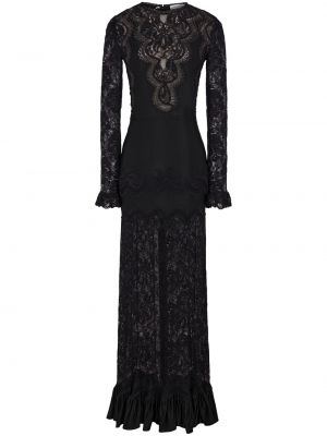 Czarna sukienka długa z falbankami koronkowa Paco Rabanne