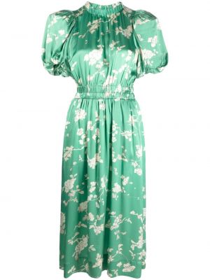 Svilena midi obleka s cvetličnim vzorcem s potiskom Sea zelena