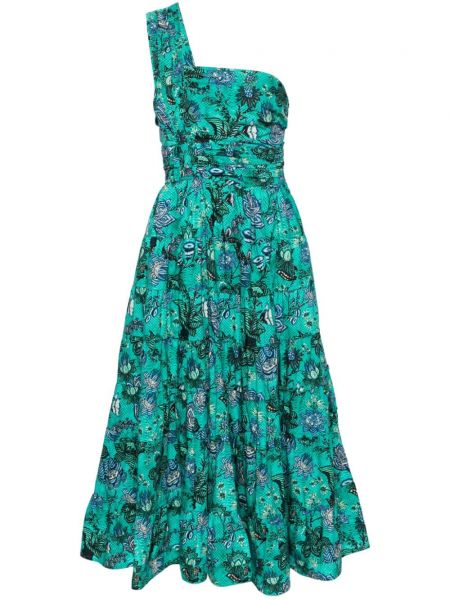 Pamučni haljina na jedno rame s cvjetnim printom s printom Ulla Johnson zelena