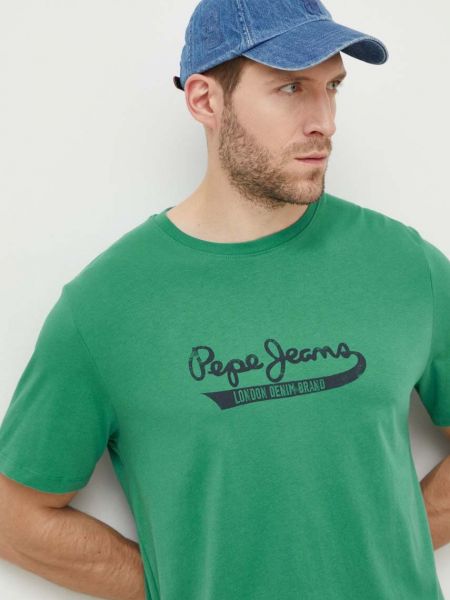 Памучна тениска с дълъг ръкав с принт Pepe Jeans зелено