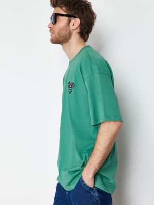 Oversize памучна тениска бродирана Trendyol зелено
