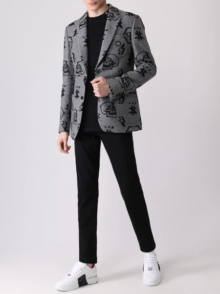 Шерстяной пиджак с принтом Philipp Plein серый