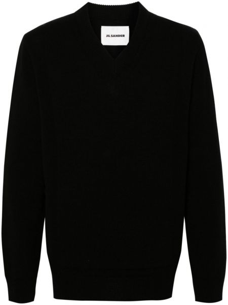 Pletený dlhý sveter s výstrihom do v Jil Sander čierna