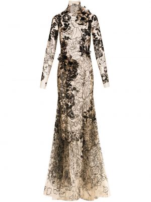Haftowana sukienka koktajlowa w kwiatki z nadrukiem Oscar De La Renta czarna