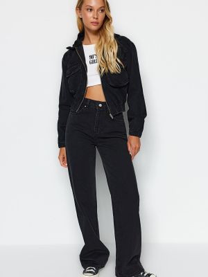 Pletená džínsová bunda s kapucňou Trendyol čierna