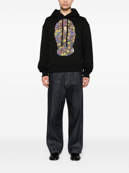 Kokvilnas kapučdžemperis ar ziediem ar apdruku Ih Nom Uh Nit melns