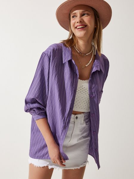 Pruhovaná viskózová košile s kapsami Happiness İstanbul fialová