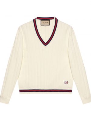 Sweter w paski z dekoltem w serek Gucci biały