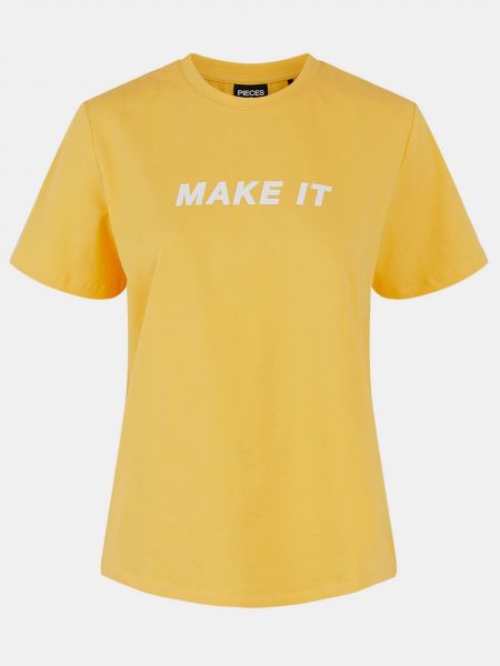 Тениска с надписи Pieces жълто