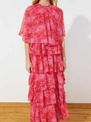 Pletena večerna obleka iz šifona s cvetličnim vzorcem Trendyol roza
