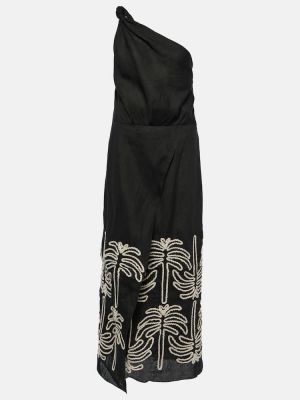 Černé bavlněné lněné dlouhé šaty s výšivkou Johanna Ortiz