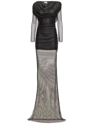 Haftowana sukienka długa z kapturem z siateczką Giuseppe Di Morabito czarna