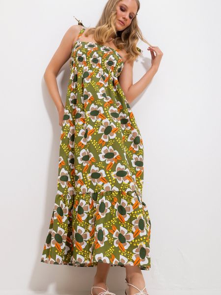 Sukienka w kwiatki pleciona Trend Alaçatı Stili khaki