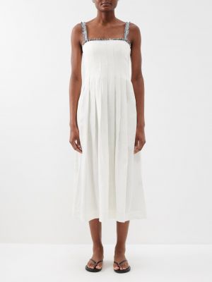 Плиссированное льняное платье миди с бахромой Three Graces London белое