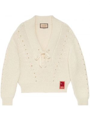 Mežģīņu džemperis ar šņorēm Gucci balts