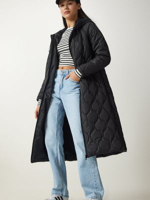 Prošívaný kabát s kapucí s kapsami Happiness İstanbul černý