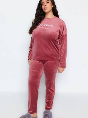 Růžové pletené sametové pyžamo Trendyol