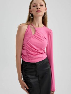 Slim fit priliehavé tričko s dlhými rukávmi Defacto ružová