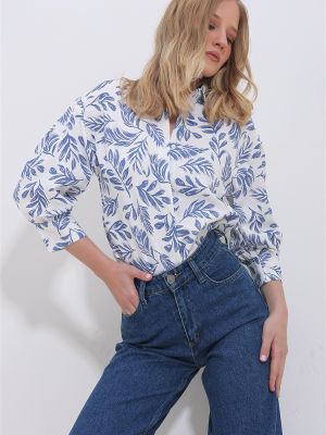 Λινό πουκάμισο με φουσκωτα μανικια Trend Alaçatı Stili μπλε