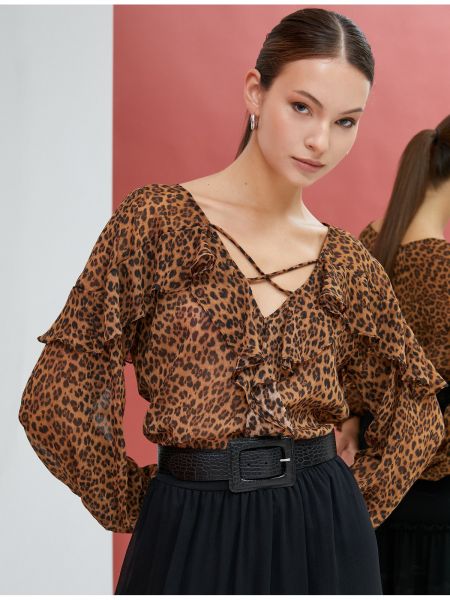 Bluză din șifon cu model leopard cu mâneci lungi Koton