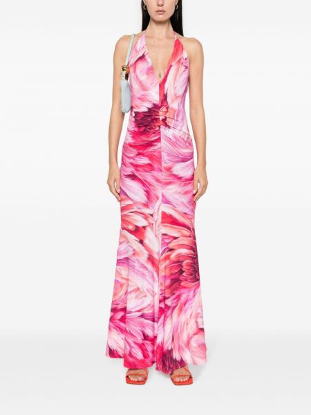 Sukienka koktajlowa w piórka z nadrukiem Roberto Cavalli różowa